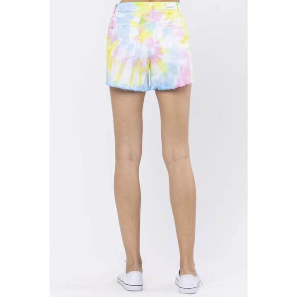 Judy Blue Swirl Tie Dye Raw Hem Cut Off Denim Jean Shorts Large Summer Festival - Picture 14 of 16
